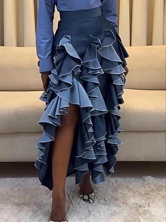 Denim High Waist Flouced Slit Hem Skirt