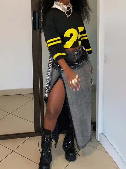 Washed Distressed Denim Dlit Faux Two-piece Skirt