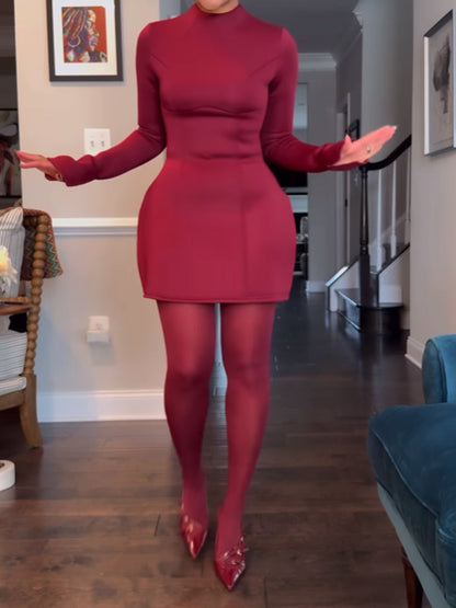 Mock Neck Long Sleeve Backless Sexy Mini Dress