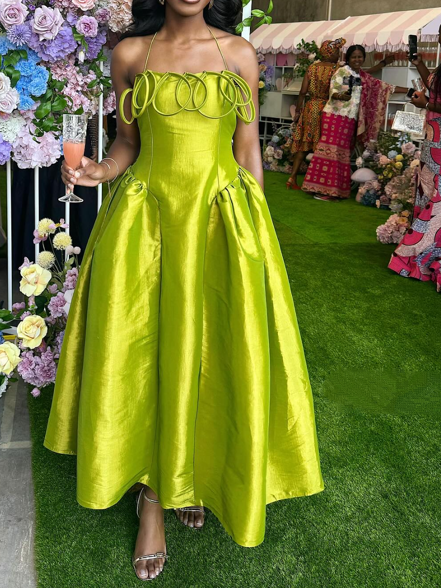 Fashion Hanging Neck Sling Pleated Solid Color Slim Large Dress