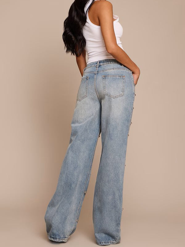 Mid Blue Dome Stud High Waisted Denim Jeans