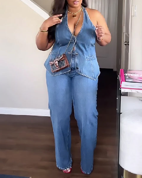 Women's Open-Back Halter Denim Vest
