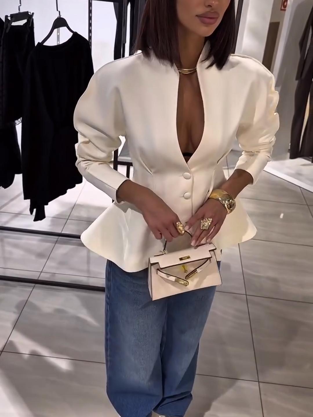 Mock Neck Deep V Ruched Waist Peplum Jacket