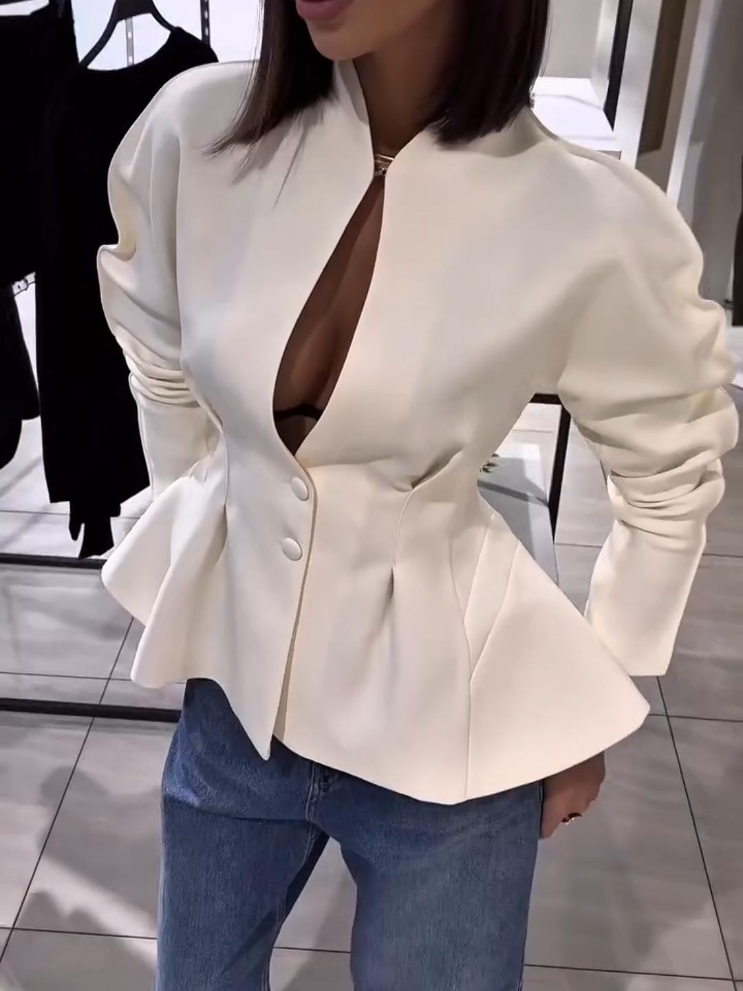 Mock Neck Deep V Ruched Waist Peplum Jacket