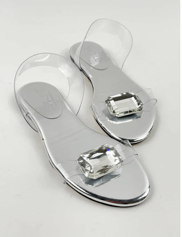 Silver Large Crystal Flat Sandals