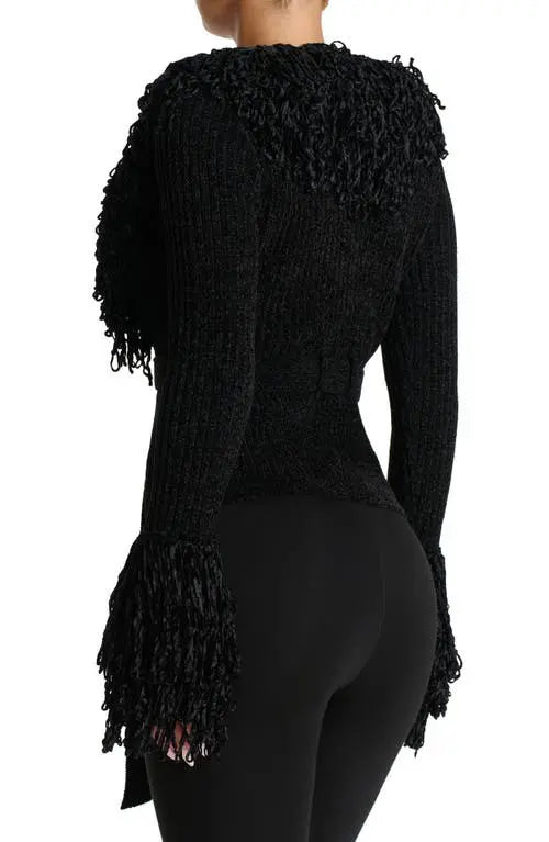 Fringe Tie Waist Chenille Cardigan