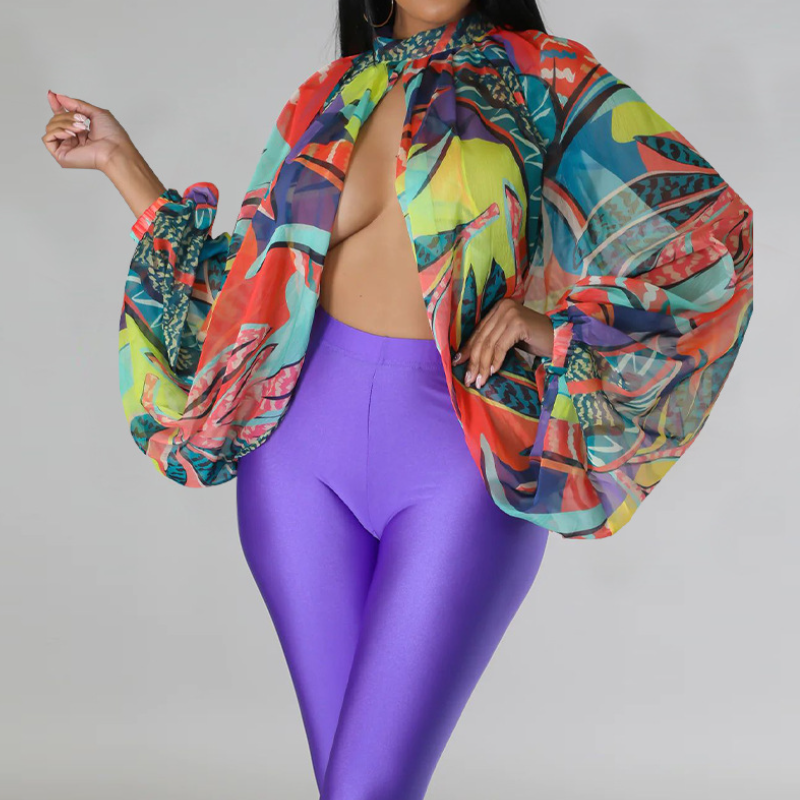 Printed Lace-Up Chiffon Top