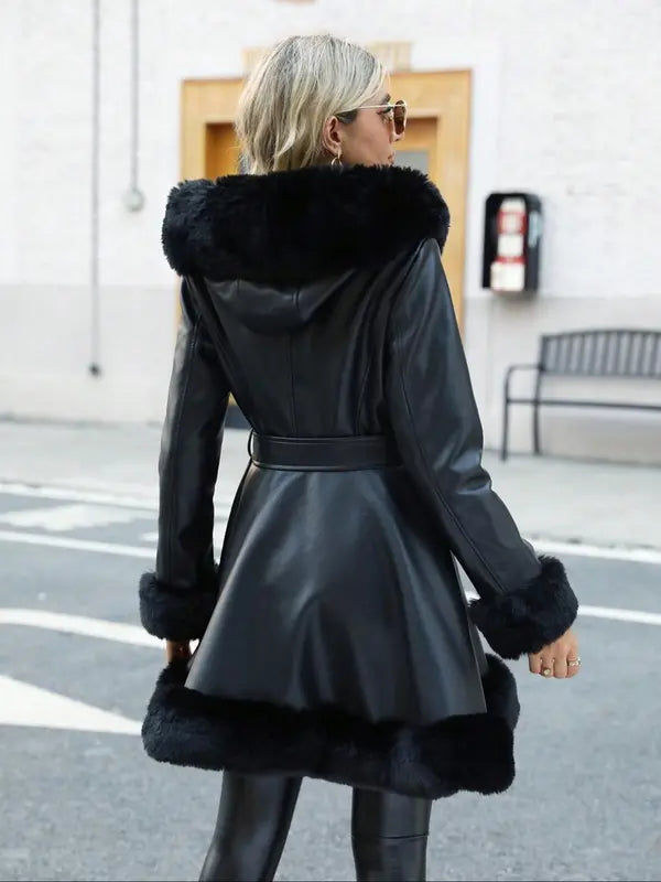 Women's Fall Winter Faux Leather Jacket with Detachable Belt