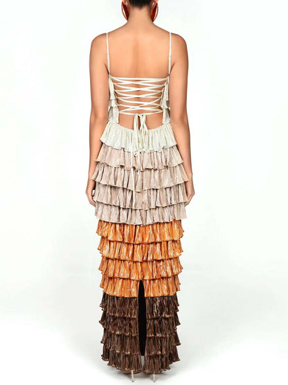 Spaghetti Straps Ruffled Trim Maxi Dress