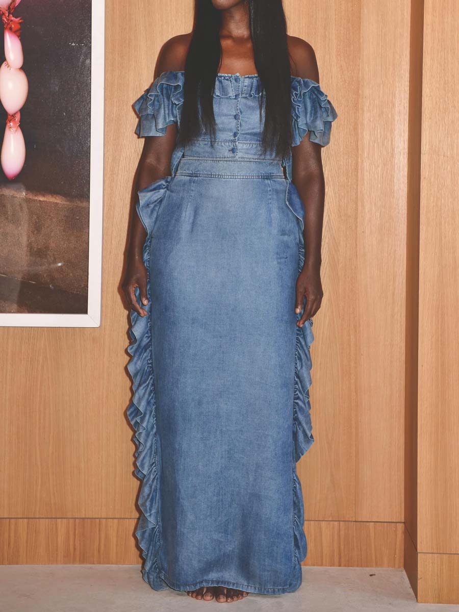 Denim Ruffled Off Shoulder Two Pieces Dress