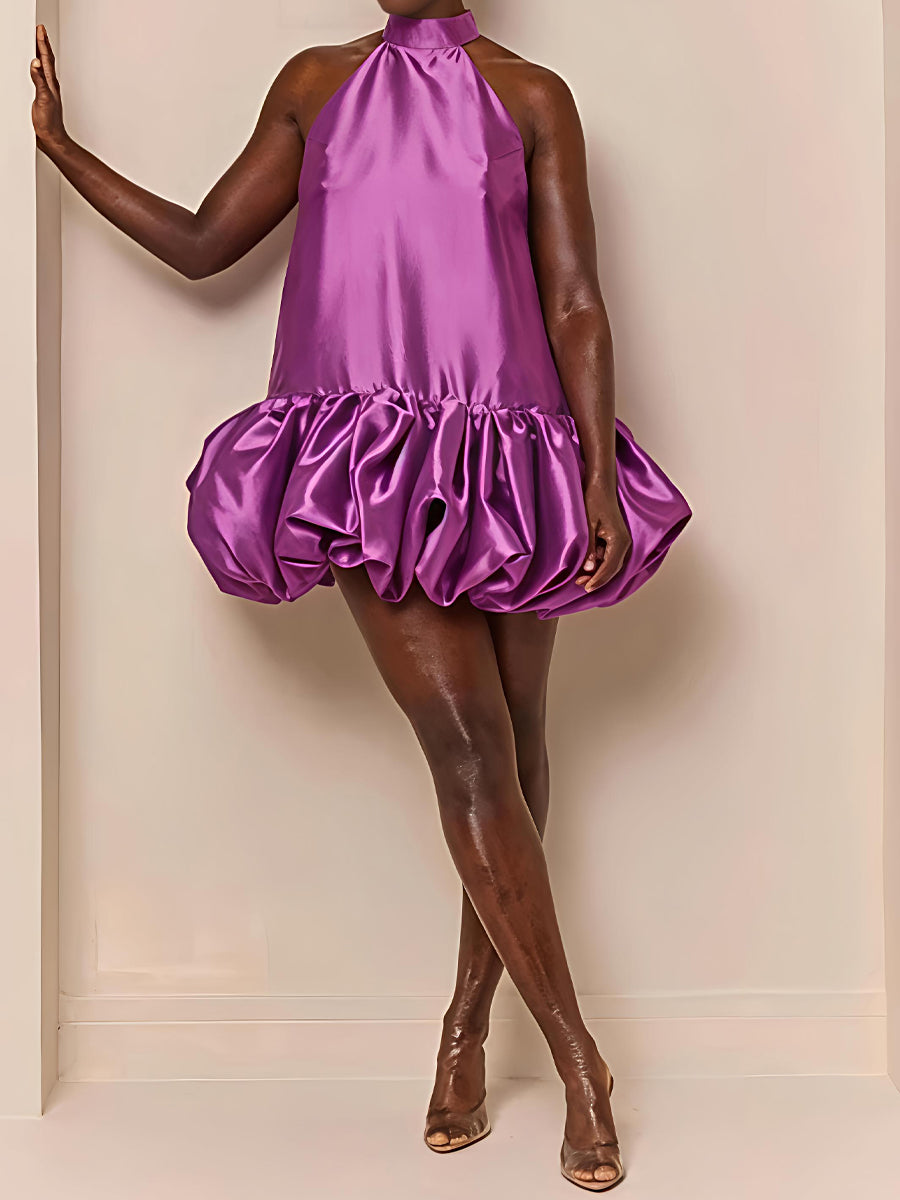 High Halter Neck Balloon Hem Mini Dress