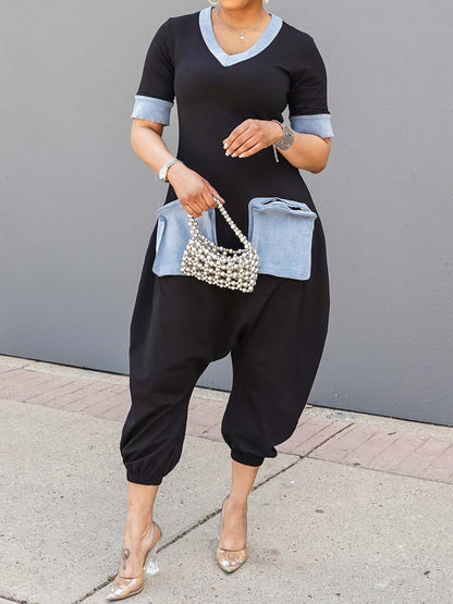 Casual V-Neck Denim Patchwork Loose Jumpsuit
