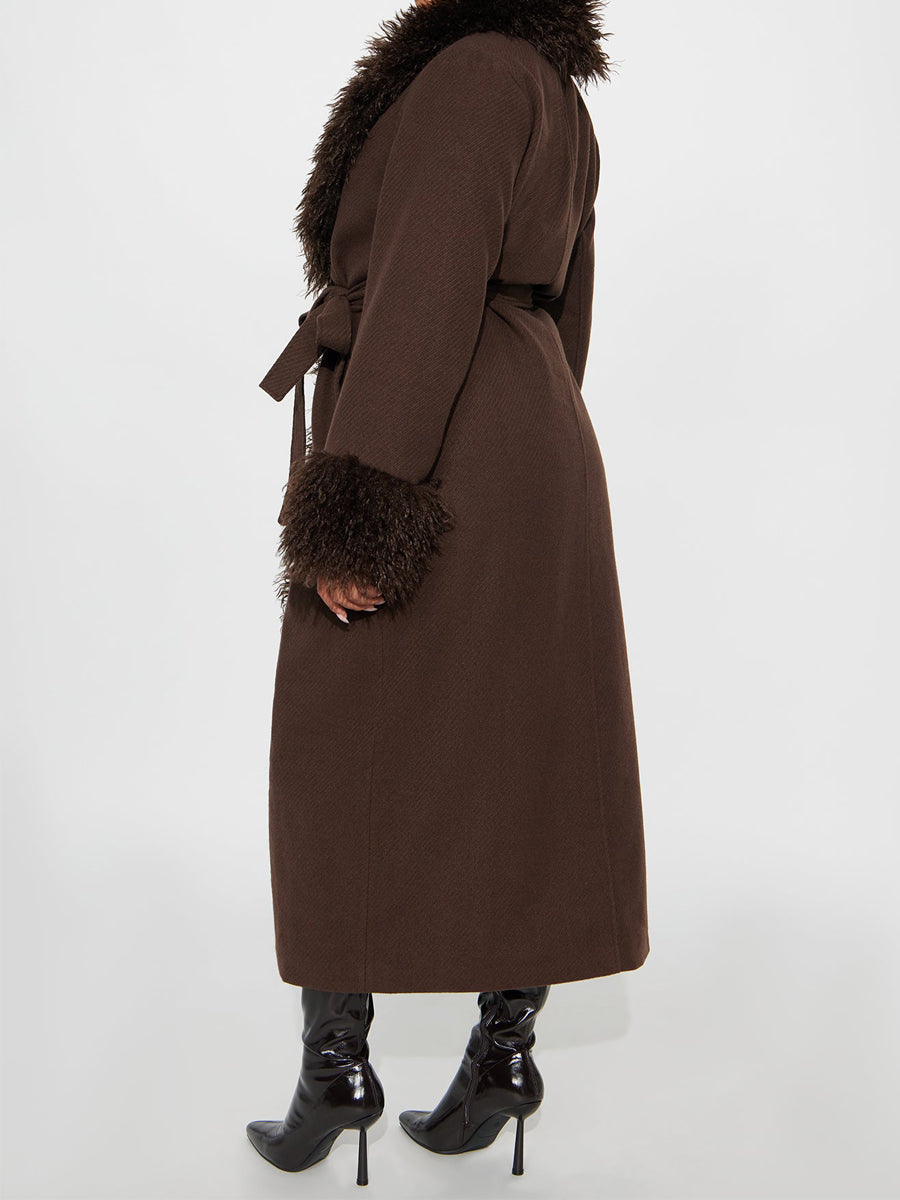 Fur Trim Fashion Belted Long Coat