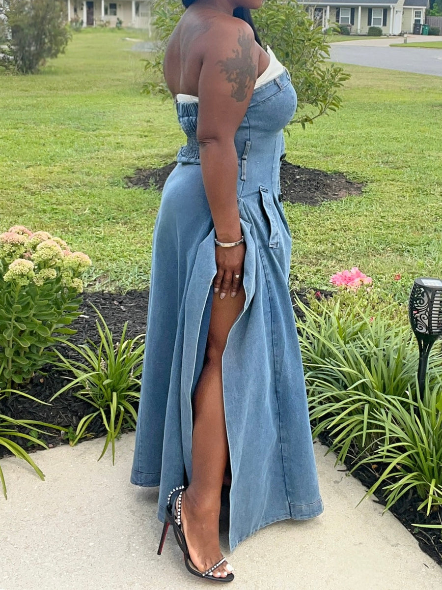 Strapless With Contrast Neck Denim Dress