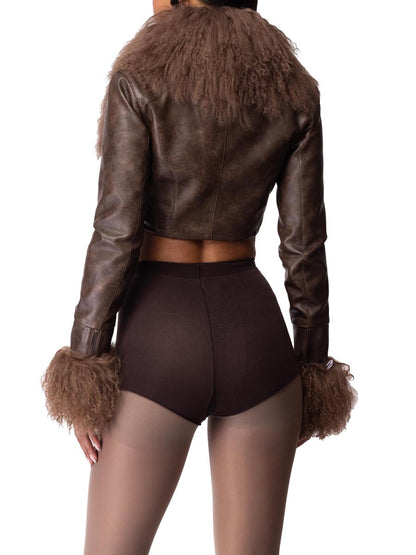 Faux Fur Trims Leather Cropped Jacket
