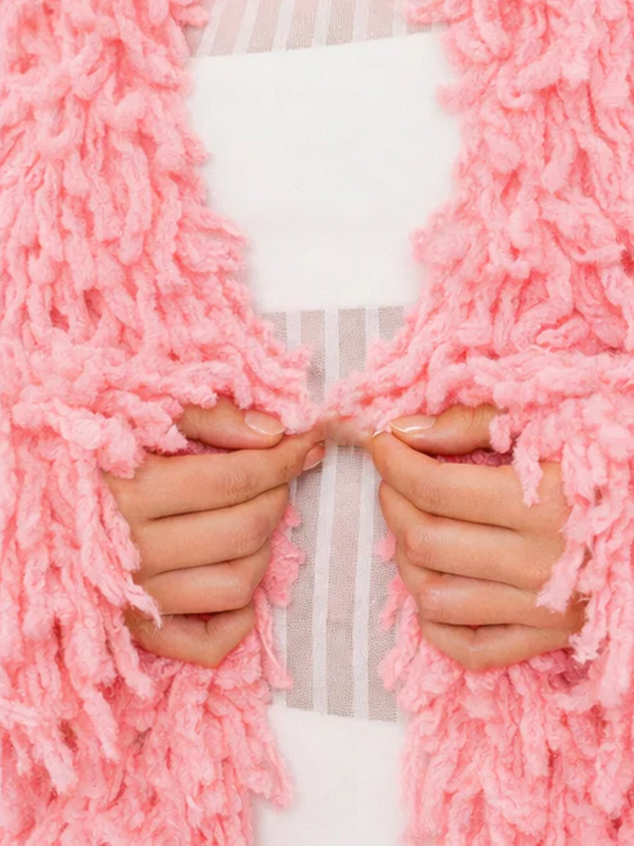 Fringed Tirm Knitted Long Coat Without Belt