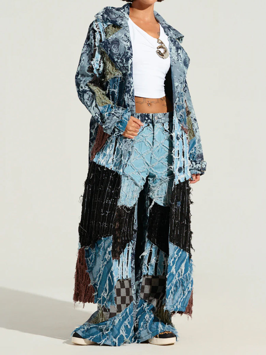Denim Distressed Patchwork Trench & Pants