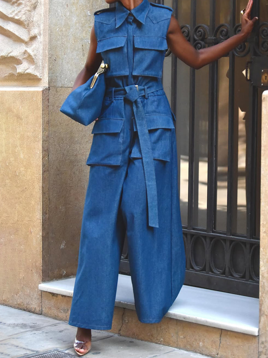 Denim Sleeveless Pockets Jumpsuit