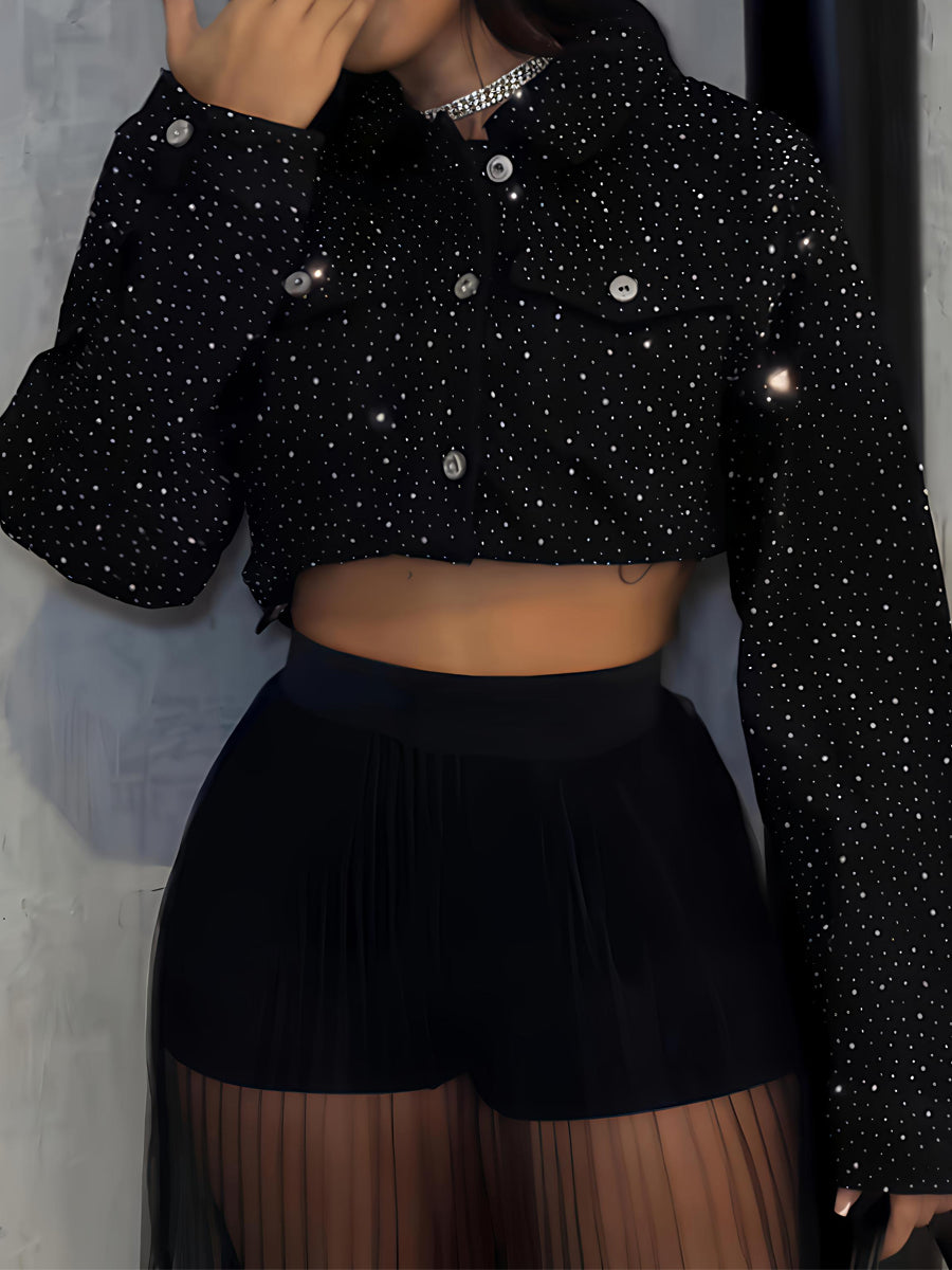 Rhinestone Sparkle Button Up Cropped Jacket
