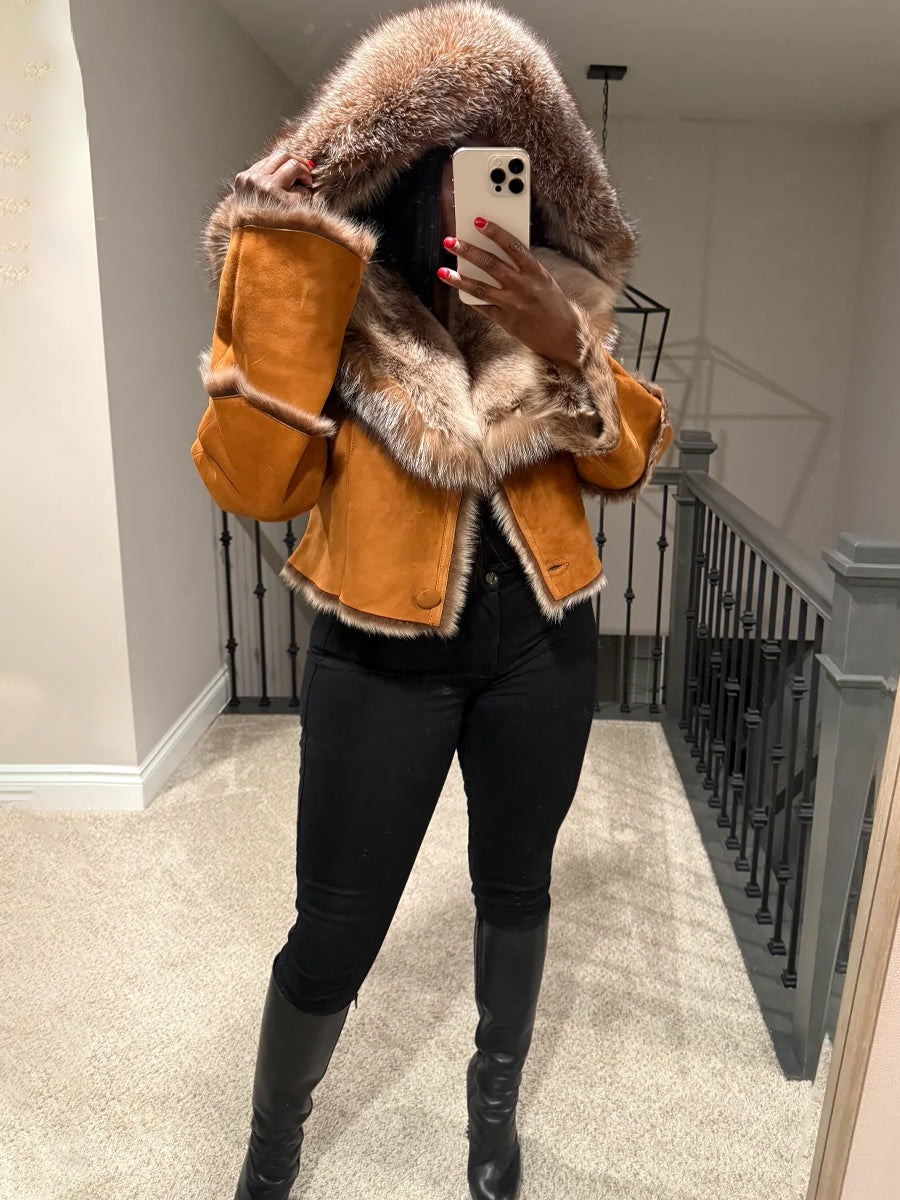 Faux Fox Fur Trimmed Hooded Collar Coat