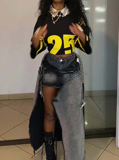 Washed Distressed Denim Dlit Faux Two-piece Skirt