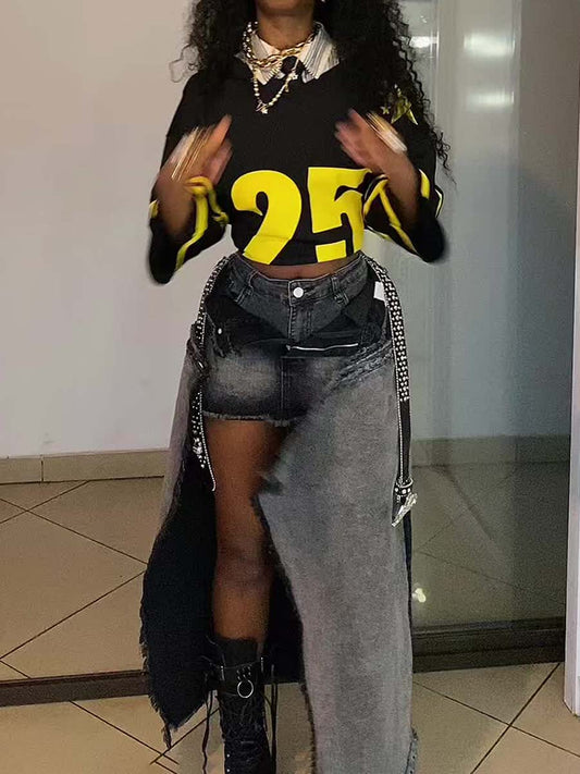 Washed Distressed Denim Dlit Faux Two-piece Skirt