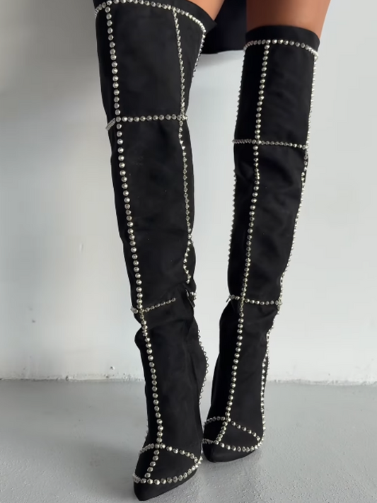 Studded Point-Top Suede Over-the-Knee Pumps