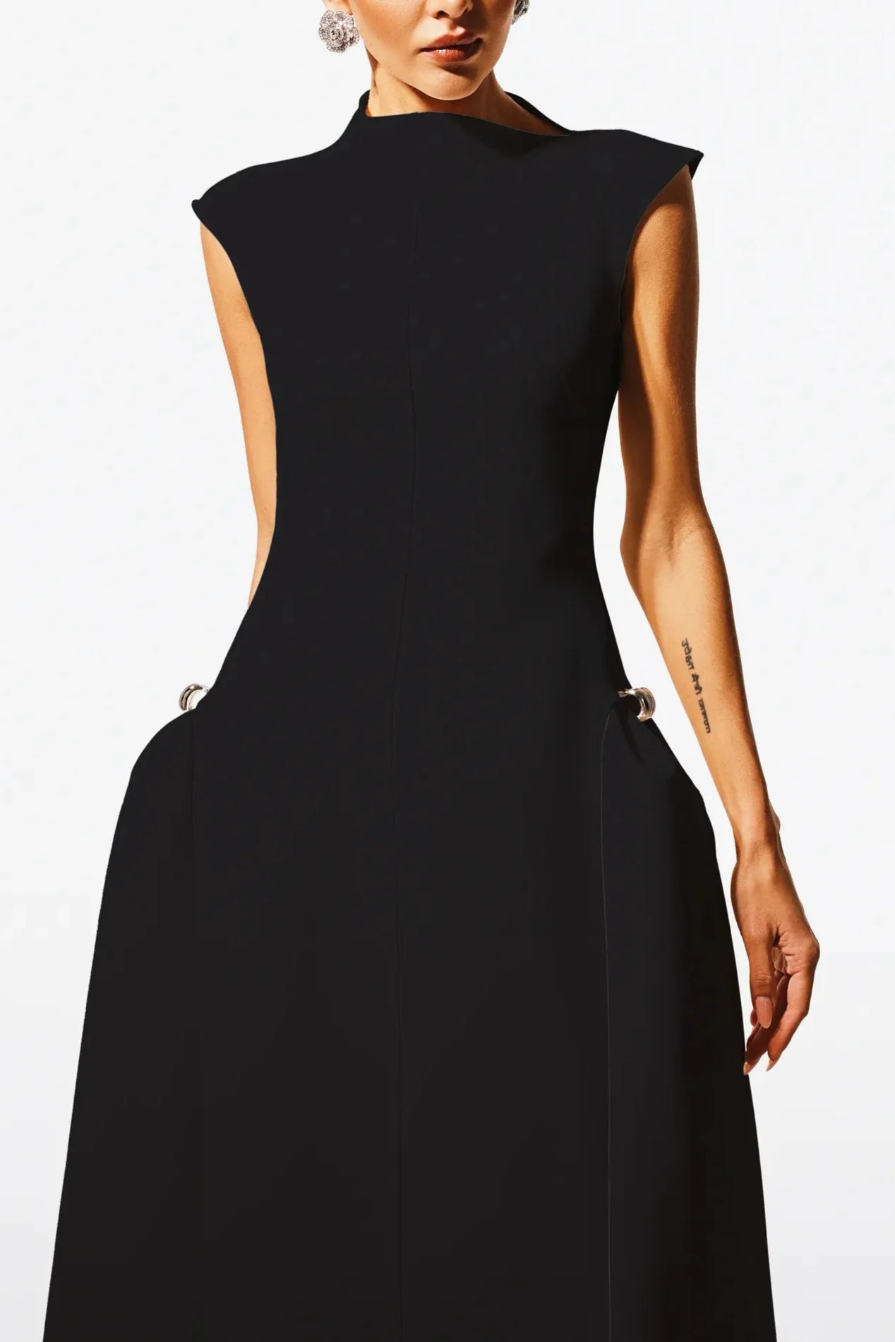 Black Sleeveless Metal Button Midi Dress