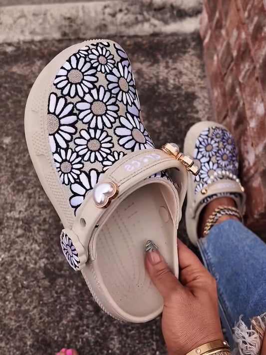 Daisy Print Clog-Style Slip-On Sandals