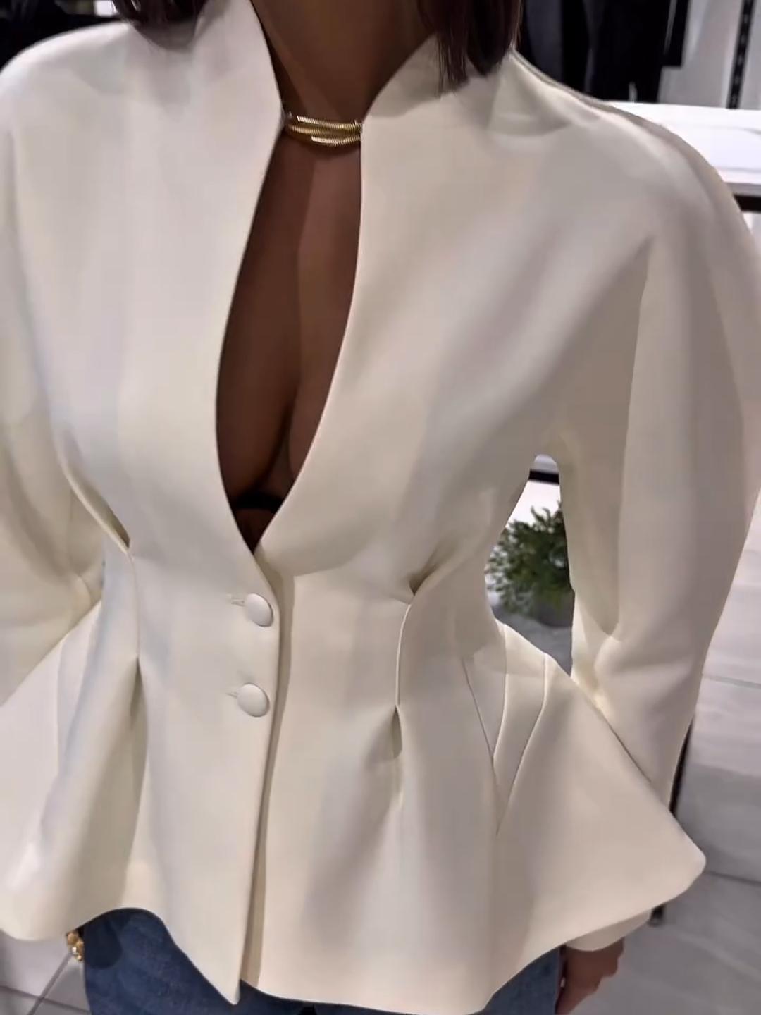 Mock Neck Deep V Ruched Waist Peplum Jacket