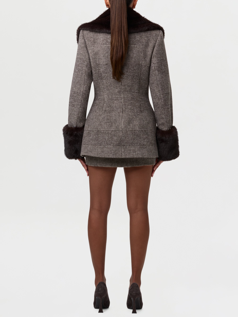 Houndstooth Detachable Faux Fur Jacket