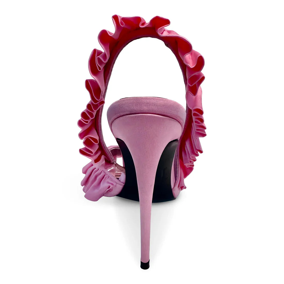 Pink Ruffle High Heels – Satin Peep Toe Stiletto Party Shoes