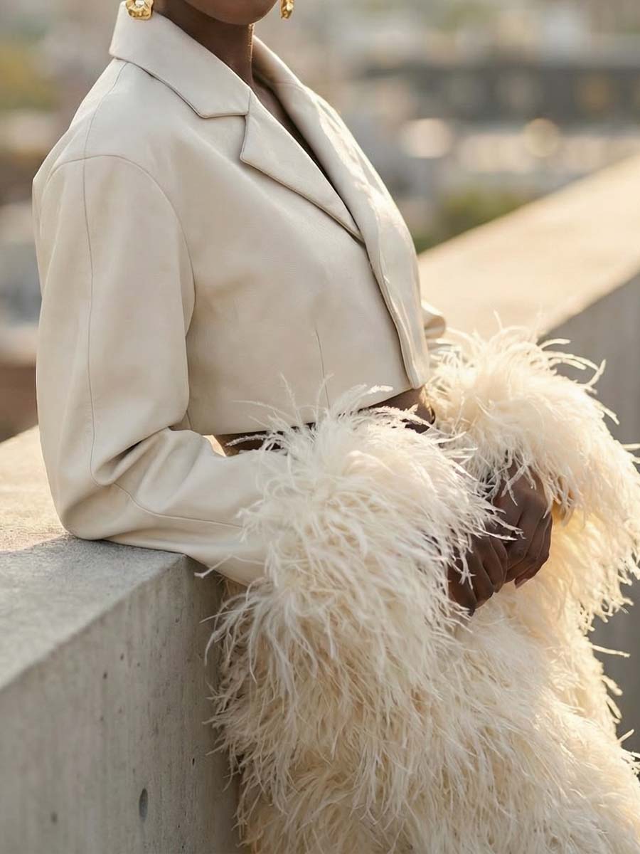 Feather Decoration Fashion Cropped Blazer & Pants