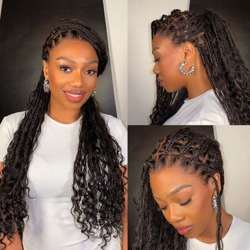 Flexi-Fit Invisi Drawstring Cap Full Lace Knotless Boho Curls Braided Long Wig Super Natural Scalp