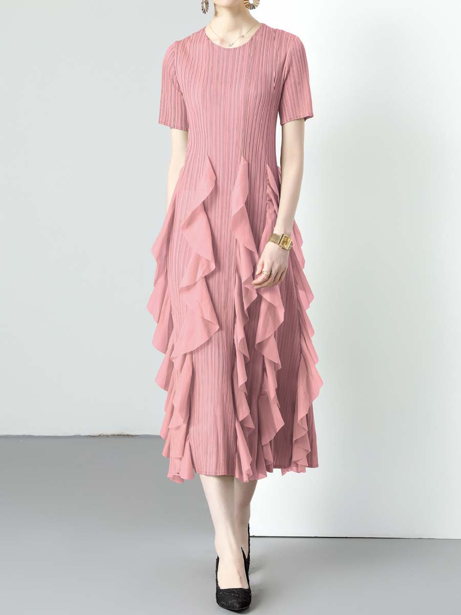 Ruffled Edges Round Neck High Waist Dress