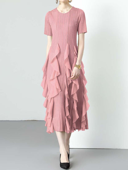 Ruffled Edges Round Neck High Waist Dress