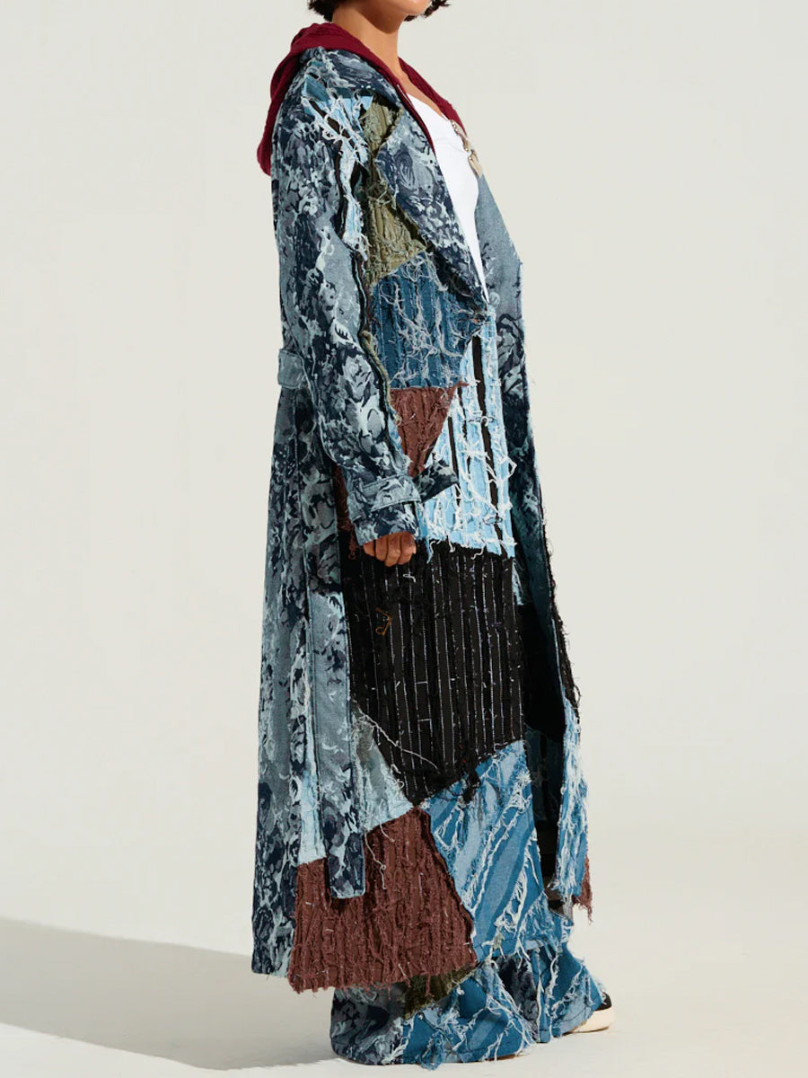 Denim Distressed Patchwork Trench & Pants