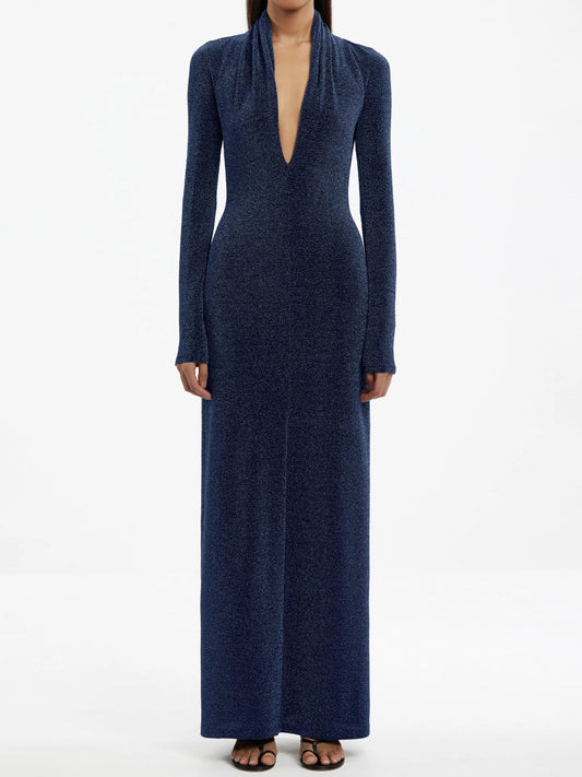 Plunge Neck Long Sleeve Open Back Maxi Dress