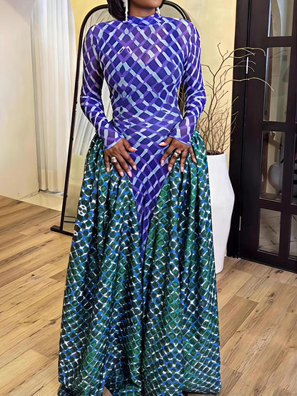 Printed Long Sleeve Patchwork Maxi Dress