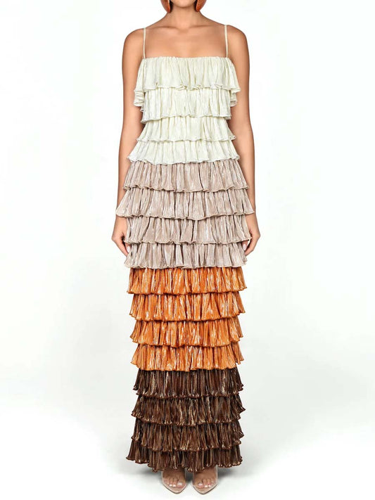 Spaghetti Straps Ruffled Trim Maxi Dress