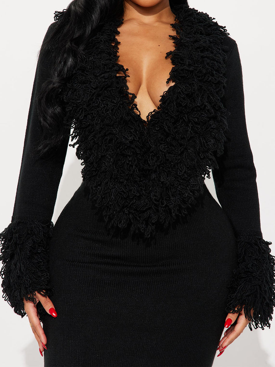 Deep V-Neck Faux Fur Trim Sweater Maxi Dress
