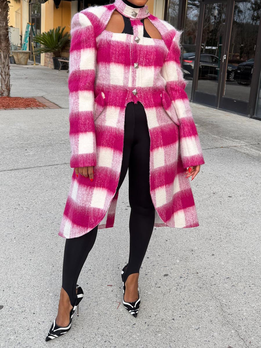 Plaid Print High Neck Cut Out Coat