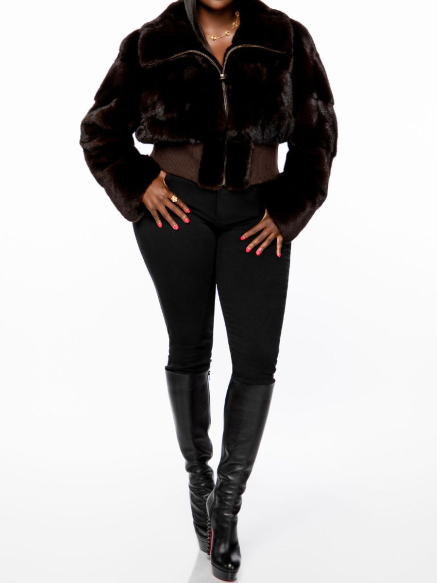 Faux Mink Fur Zip Up Bomber Coat
