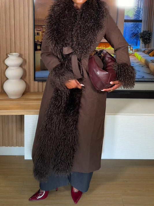 Fur Trim Fashion Belted Long Coat