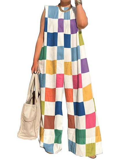 Fashion Check Color Stitching Jumpsuit