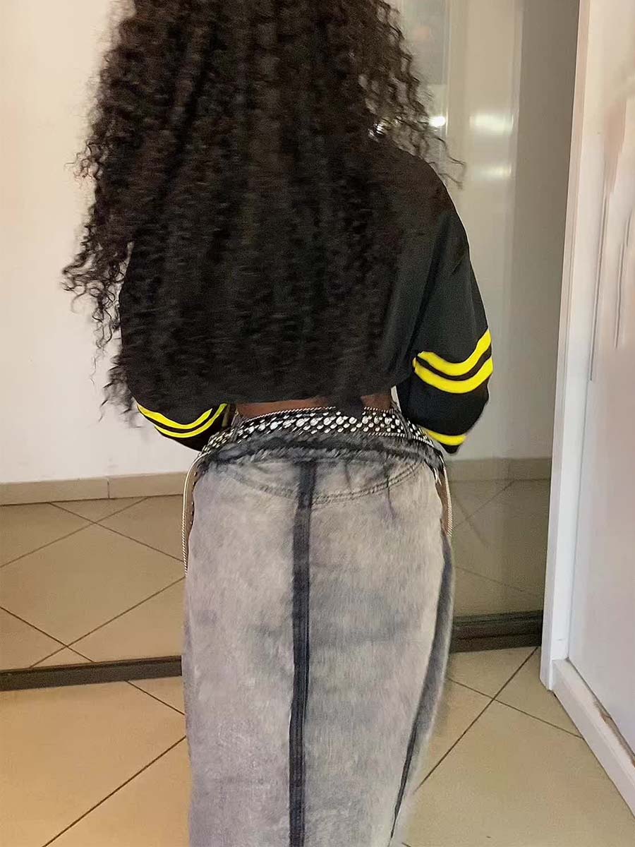 Washed Distressed Denim Dlit Faux Two-piece Skirt