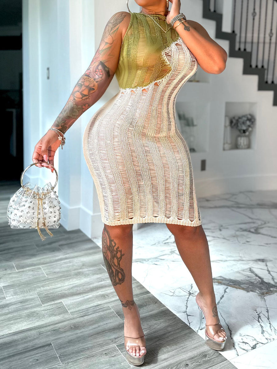 Sexy Sleeveless Knitted Color Block Dress