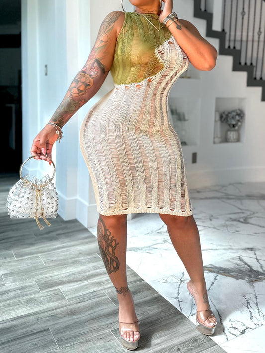 Sexy Sleeveless Knitted Color Block Dress