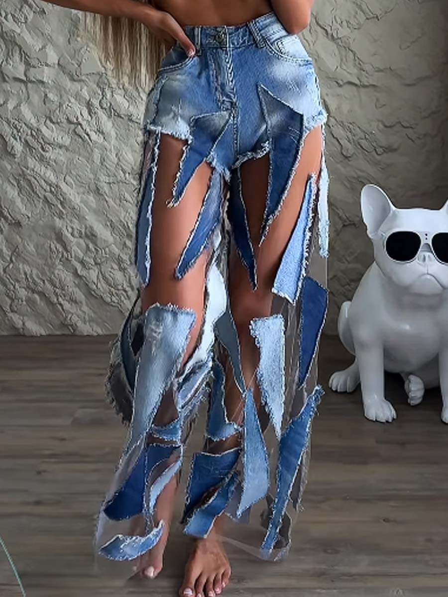 See-through Denim Patchwork Jeans