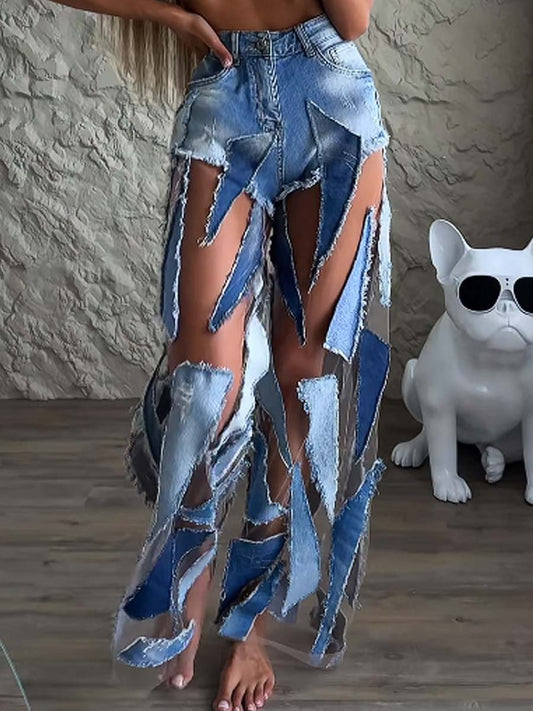 See-through Denim Patchwork Jeans